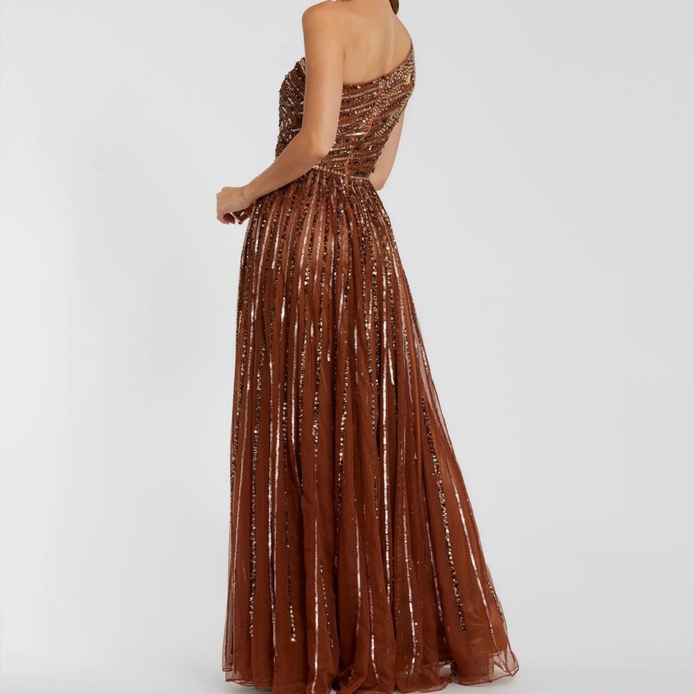 Mac Duggal One-Shoulder Sequin Gown in Copper Brown - Picture 2 of 8